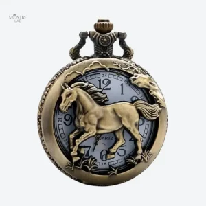 Montre à gousset homme quartz gravée cheval antique