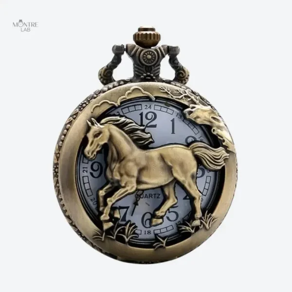 montre-a-gousset-quartz-gravee-cheval-antique-1 Montre à gousset homme quartz gravée cheval antique