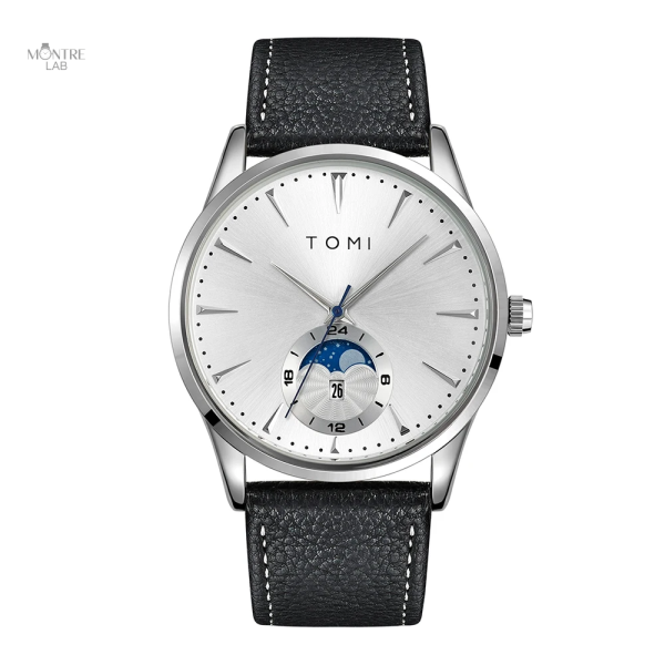 montre-automatique-femme-cadran-argente-et-bracelet-cuir-noir-1 Montre automatique femme