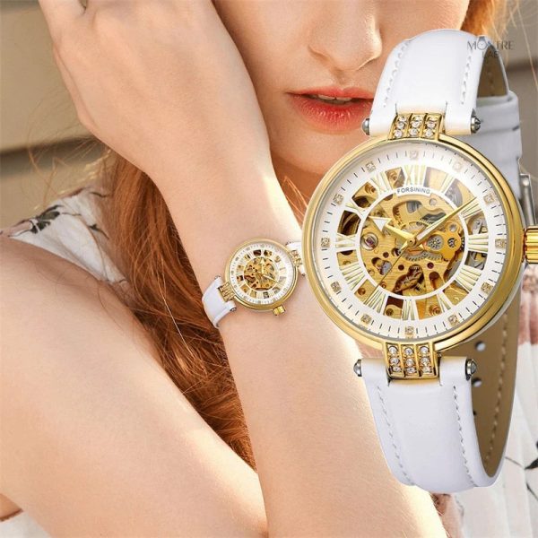 Montre squelette au look luxueux avec cuir et diamant