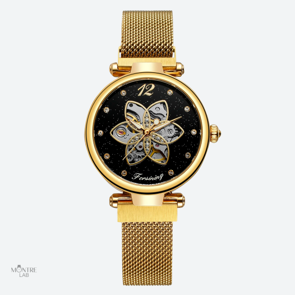 montre-automatique-femme-squelette-floral-maille-milanaise-chic-1 Montre automatique femme squelette floral chic