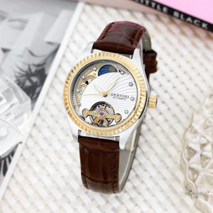 Montre en cuir marron pour femme, style squelette raffiné