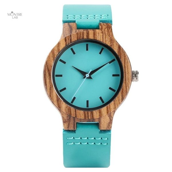 montre-bois-femme-au-cadran-turquoise-naturel-1 Montre en bois femme avec cadran turquoise naturel