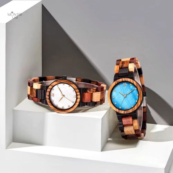 Montre en bois avec motif patchwork pour femme