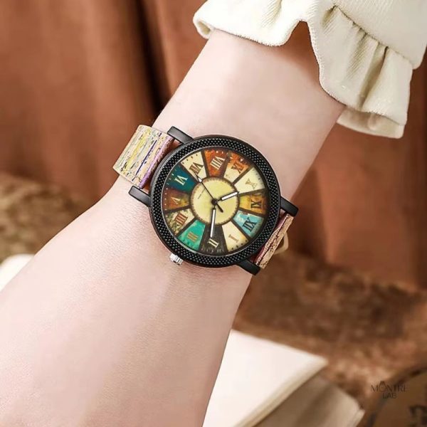 Montre bois femme au design patchwork coloré