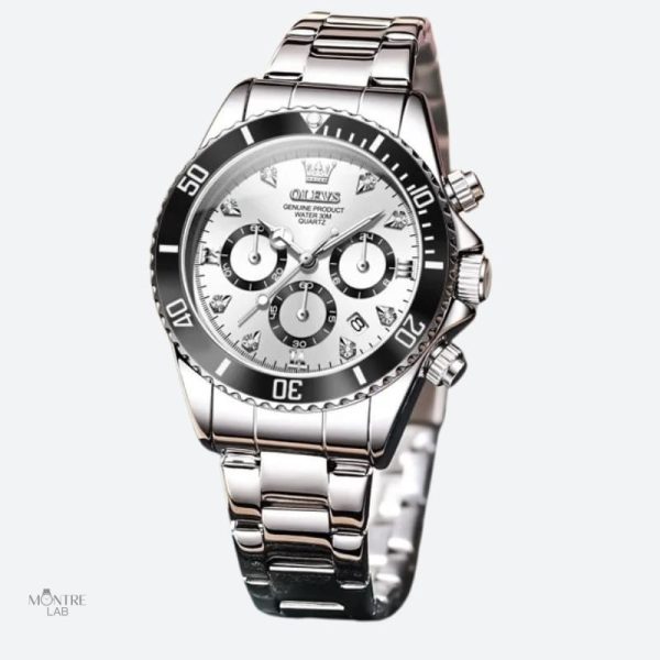 montre-chronographe-femme-argentee-lunette-noire-35-mm-1 Montre Chronographe Femme Argentée 35 mm Lunette Noire