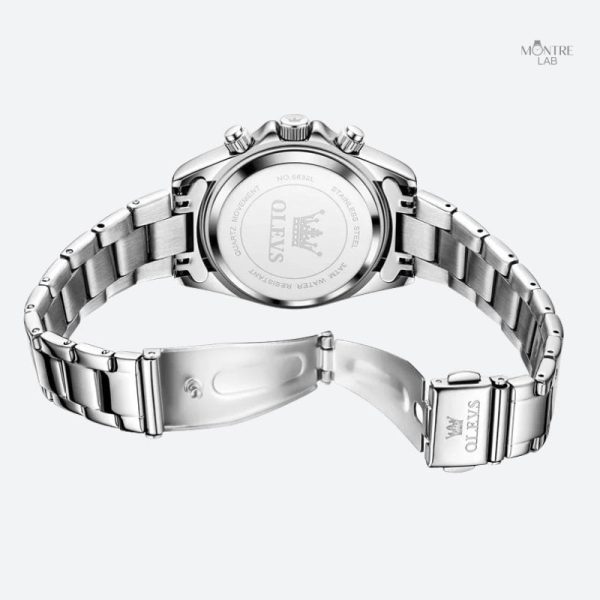 Chronographe femme 35 mm, design argenté élégant