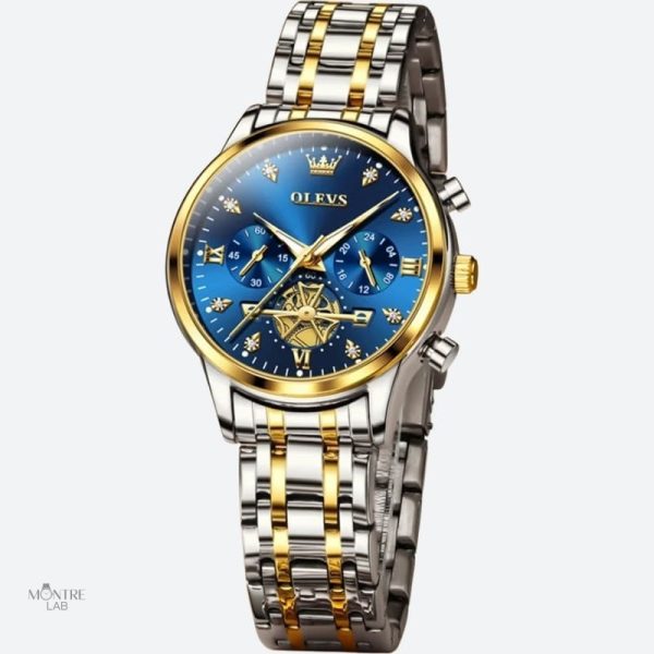 Montre Chronographe Femme Cadran Bleu et Bracelet Bicolore