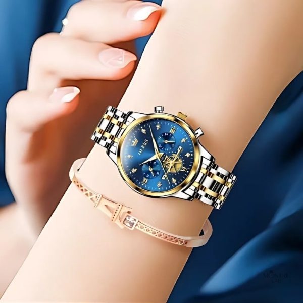 Chronographe Femme avec Cadran Bleu et Bracelet Bicolore