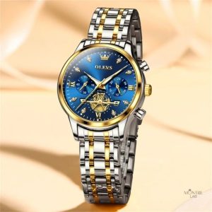 Montre Élégante pour Femme, Cadran Bleu, Design Bicolore