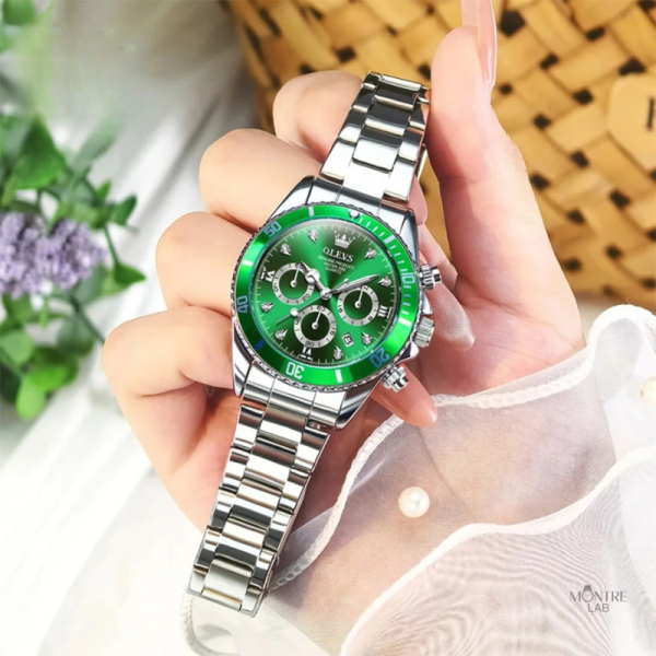 Chronographe élégant pour femme, finition miroir et vert