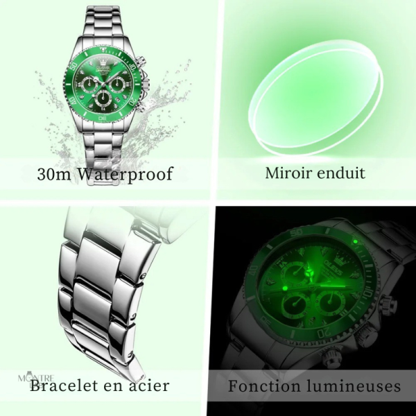 Montre chic pour femme, cadran vert et acier miroir