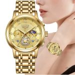 Montre mécanique dorée avec chronographe pour femme