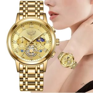 Montre mécanique dorée avec chronographe pour femme