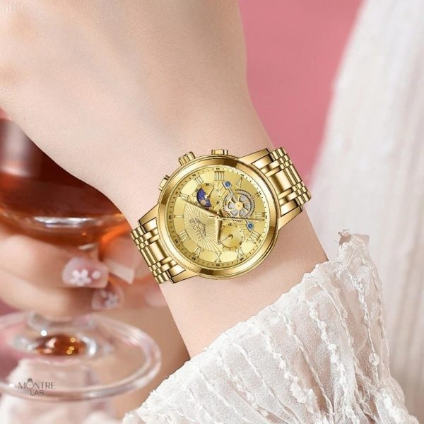 Chronographe doré pour femme, phase lunaire intégrée