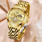 Montre sophistiquée pour femme, mécanique et dorée