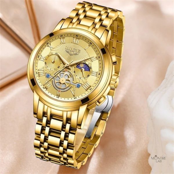 Montre sophistiquée pour femme, mécanique et dorée