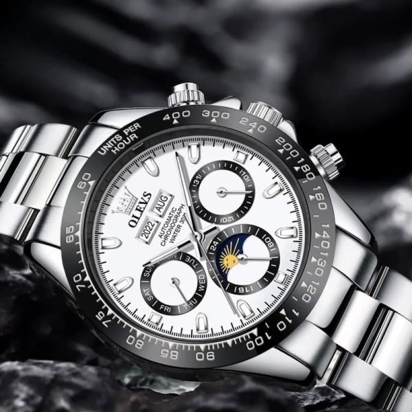 Montre Élégante Homme, Fonction Chronographe et Phase Lunaire