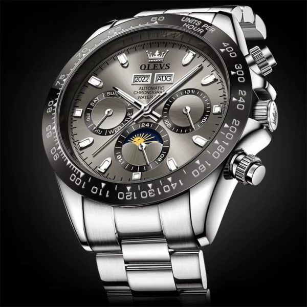 Accessoire Masculin en Acier, Chronographe et Phase de Lune