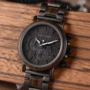 Chronographe homme en bois et acier, design moderne