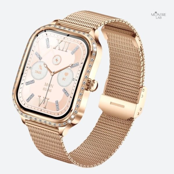 montre-connectee-femme-cadran-rose-dore-strass-1 Montre connectée femme cadran rose doré à strass