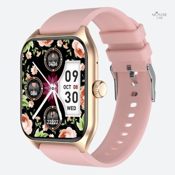 montre-connectee-femme-rose-grand-ecran-dore-1 Montre connectée femme rose avec grand écran doré