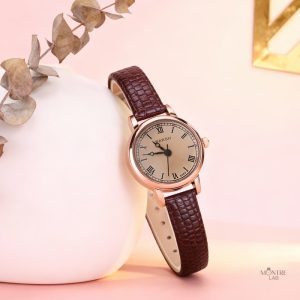 Montre chic pour femme, style cuir et cadran arrondi