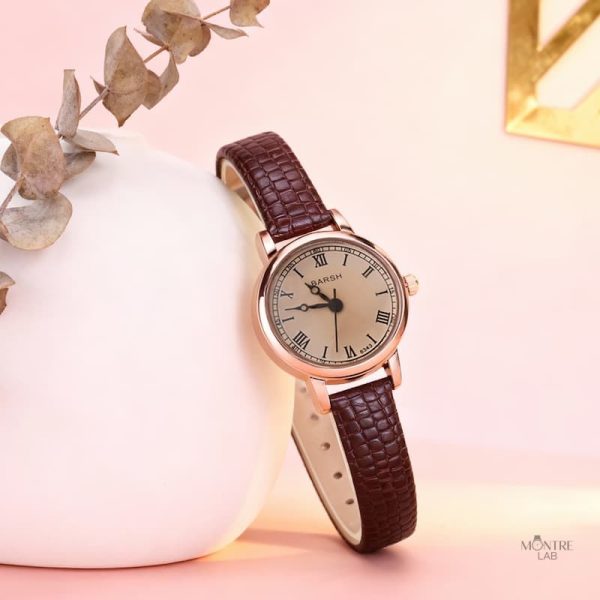 Montre chic pour femme, style cuir et cadran arrondi