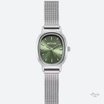 Montre femme ovale en acier inoxydable, cadran vert minimaliste