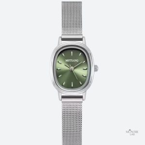 Montre femme ovale en acier inoxydable, cadran vert minimaliste