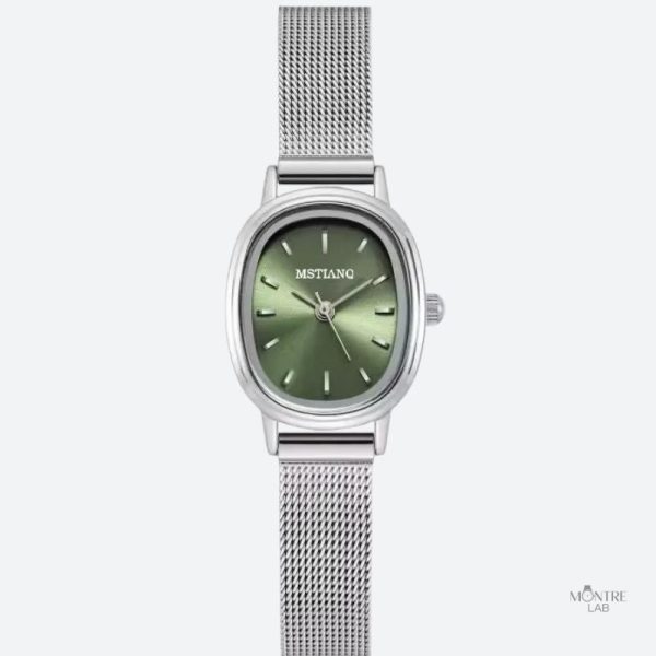 montre-femme-ovale-acier-inoxydable-cadran-vert-minimaliste-1 Montre femme ovale en acier inoxydable, cadran vert minimaliste