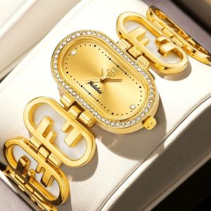 Accessoire élégant pour femme, montre dorée ovale