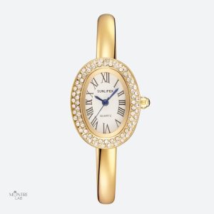 Montre femme ovale dorée avec strass et cadran chiffres romains