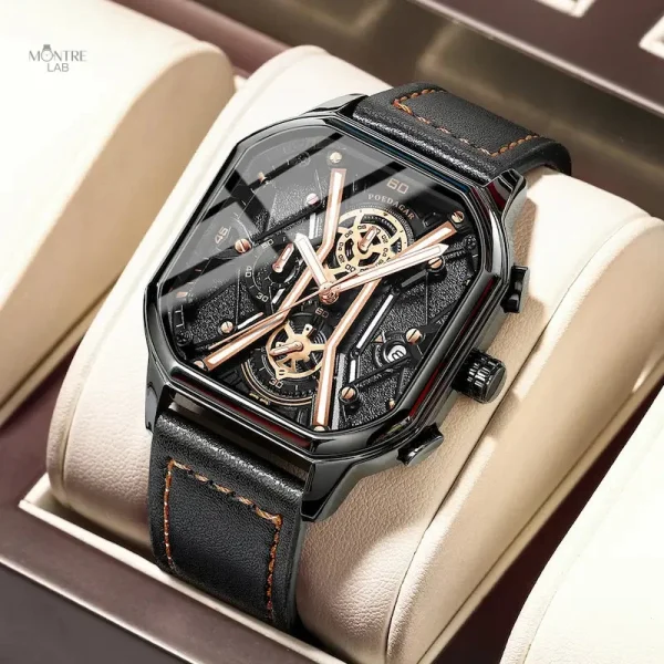 Accessoire homme : montre carré en cuir noir chic