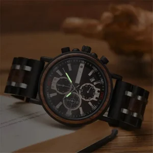 Montre en Bois et Acier, Chronographe Multifonction