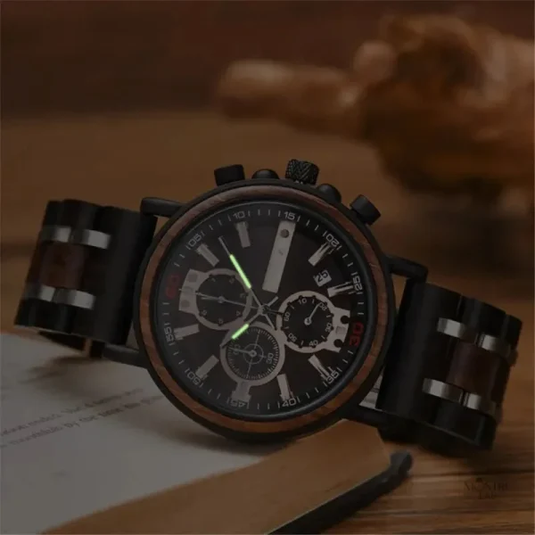Montre en Bois et Acier, Chronographe Multifonction