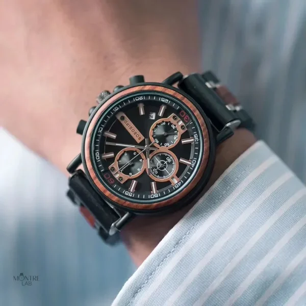 Chronographe en Bois et Acier, Look Sophistiqué