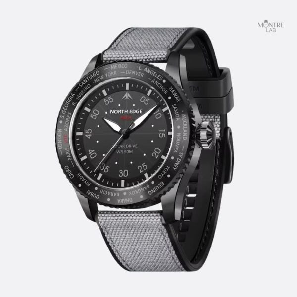 Montre homme solaire aviateur 43 mm, bracelet nylon