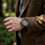 Mécanisme visible dans une montre en bois
