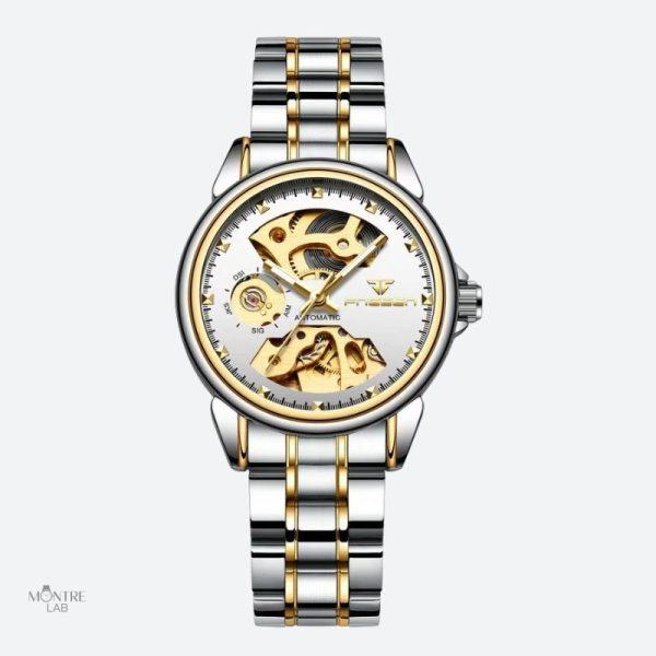 montre-mecanique-femme-squelette-bicolore-1 Montre mécanique femme squelette bicolore élégante