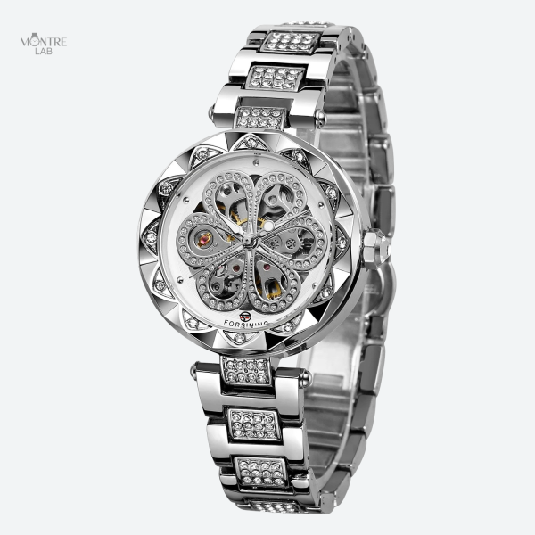 Montre femme avec mouvement mécanique visible