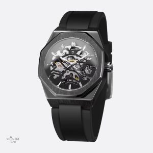 Montre mécanique homme avec design squelette octogonal