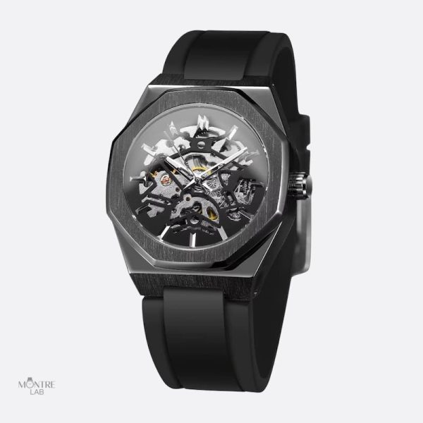 Montre mécanique homme avec design squelette octogonal