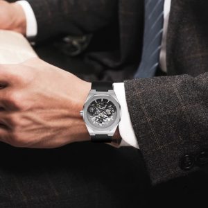Montre à mouvement visible, style octogonal pour homme