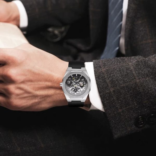 Montre à mouvement visible, style octogonal pour homme