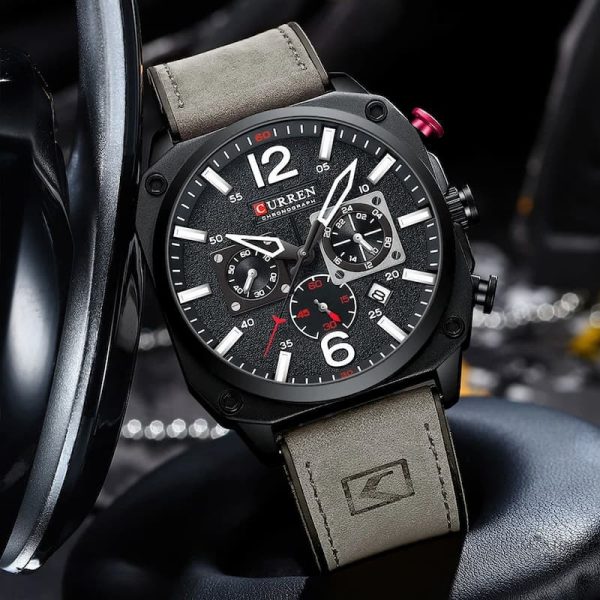 Montre homme 44 mm, style militaire, cuir
