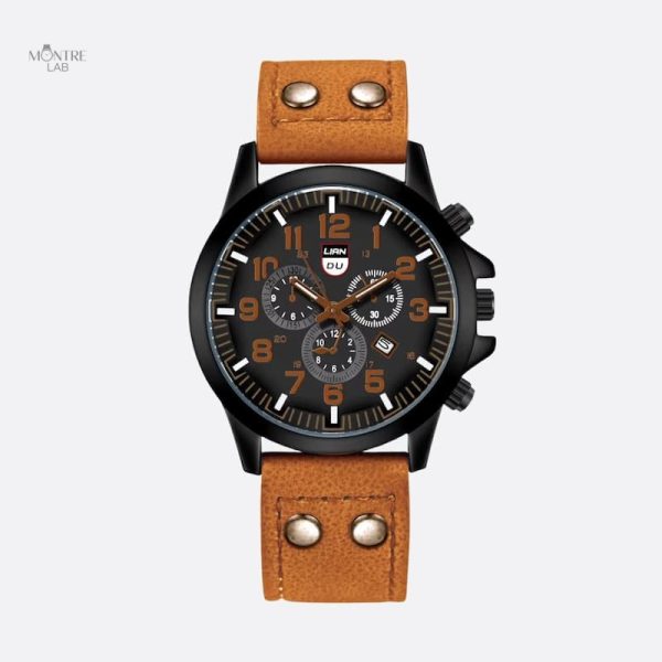 Horloge de style militaire pour homme, bracelet en cuir