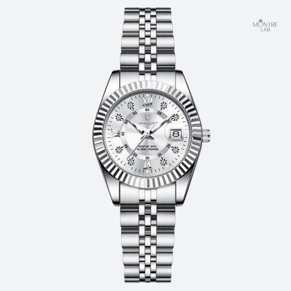 Montre élégante pour femme, finition en métal argenté
