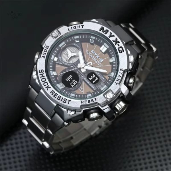 Montre en acier, chronographe solaire pour homme