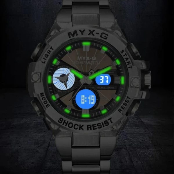 Montre durable en acier, fonction chronographe solaire